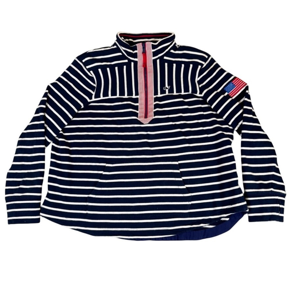 Vineyard Vines Navy White Striped Quarter Zip Pullover American Flag Patch L